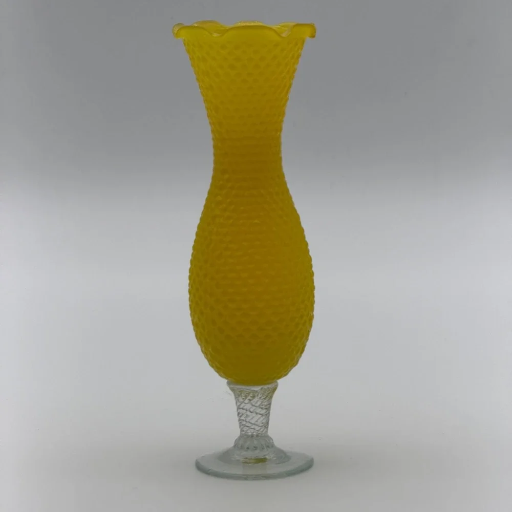 Vintage Yellow Satin Hobnail Glass Bud Vase Clear Twisted Stem‎ Ruffled Rim 10in